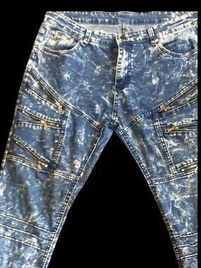 Men's Blue Acid-Wash Slim Jeans with Zippers